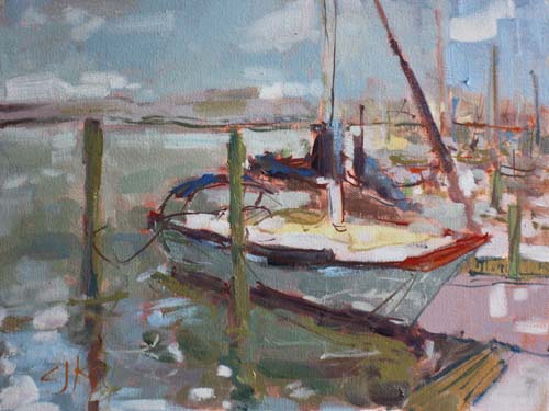 oil painting of boat in the water